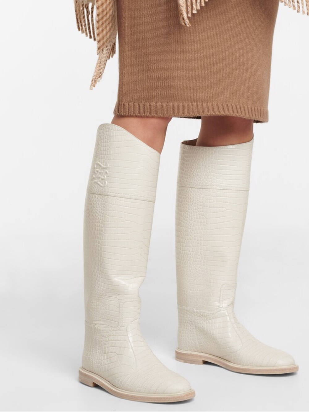 Fendi Karligraphy Logo Croc Embossed Riding Boots 37 White NEW